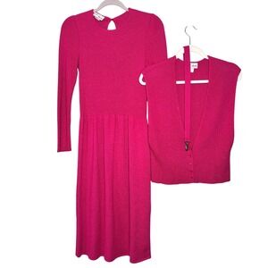 Vintage JT Martin 3 Piece Dress Set Womens Size M Fuchsia Knit Cardigan and Belt